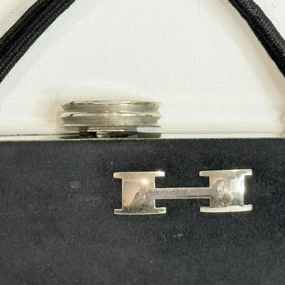 Vintage black Hinged suede evening bag silver frame 'H' logo interior coin purse